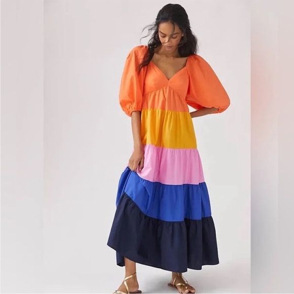 FARM Rio Dresses & Skirts - Farm Rio Puff Sleeve Colorblock Maxi Dress XS